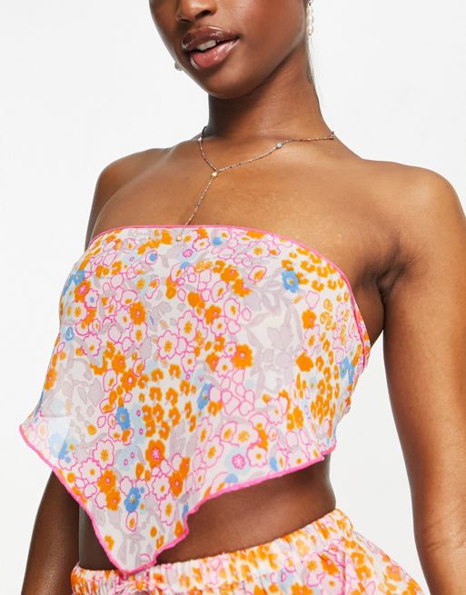 ASOS LUXE ruched 3D floral tie shoulder bralette in pink - part of