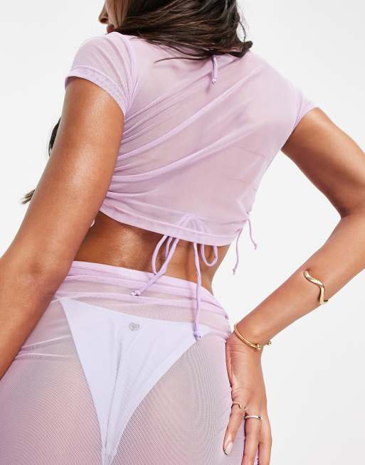 Candypants mesh crop top with tie detail in lilac, 2 of 4