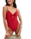 Candypants tie front ruched swimsuit in dark red