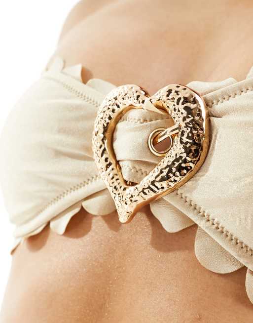 Candypants - Top bikini a fascia color crema con finiture ondulate e cuore, 3 di 4