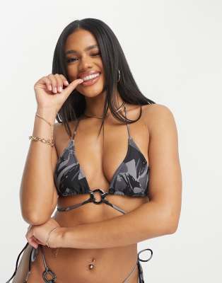 triangle wrap around bikini top in black abstract print