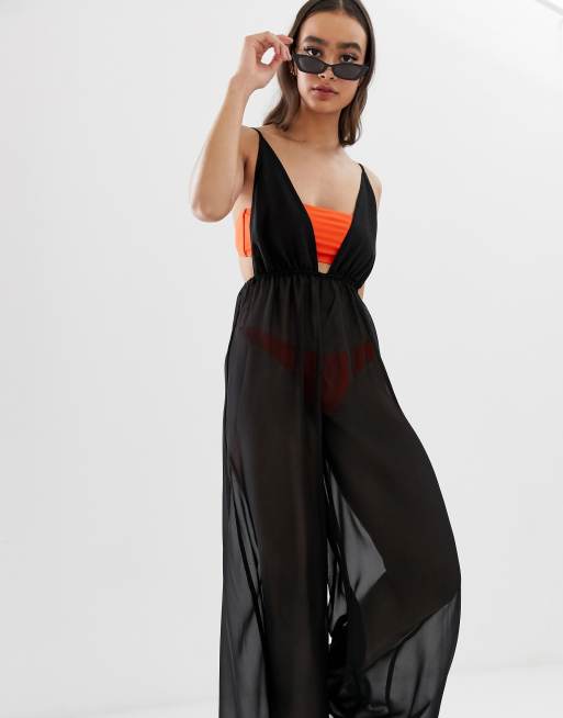 Candypants Wide Leg Plunge Beach Jumpsuit In Black