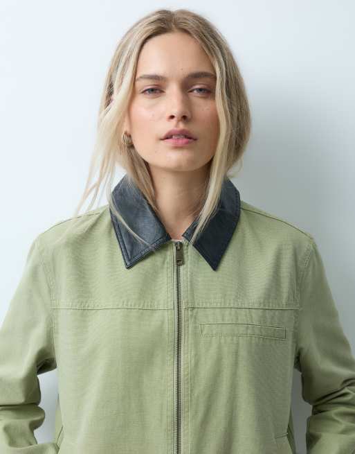 Canvas-Jacke mit Kontrastkragen in Salbeigrün, 4 von 4