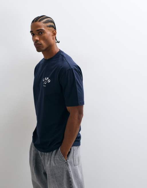 CAPO 100% cotton beach club back print t-shirt in navy, 2 of 5