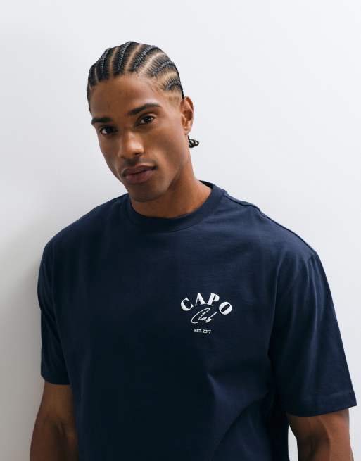 CAPO 100% cotton beach club back print t-shirt in navy, 4 of 5