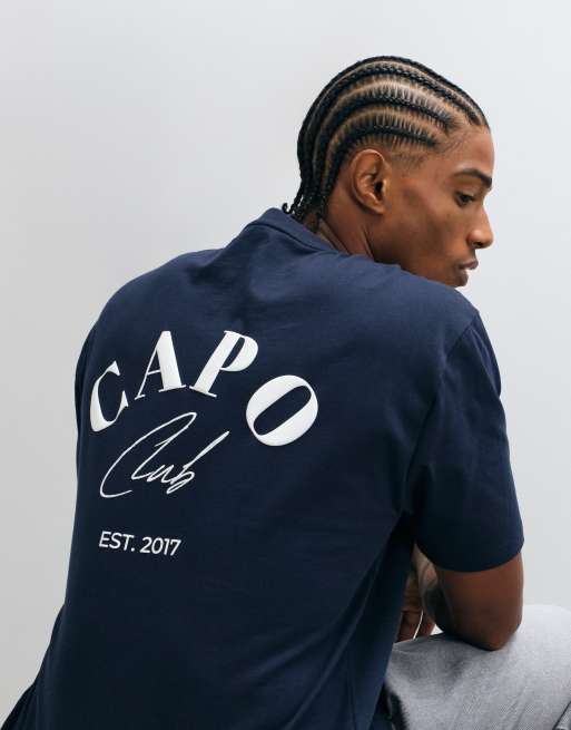 CAPO 100% cotton beach club back print t-shirt in navy, 5 of 5