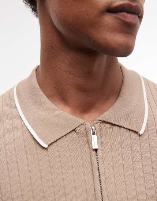 CAPO - Beige strikket poloskjorte med kontrasterende lynlås, 4 af 5