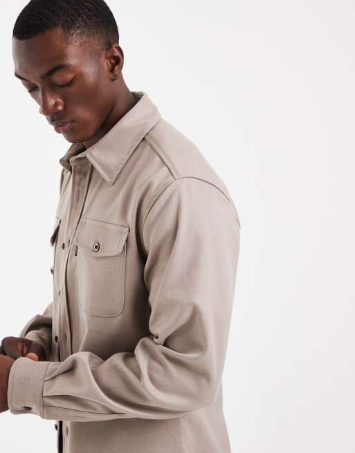 CAPO button through long sleeve overshirt in stone, 4 of 5