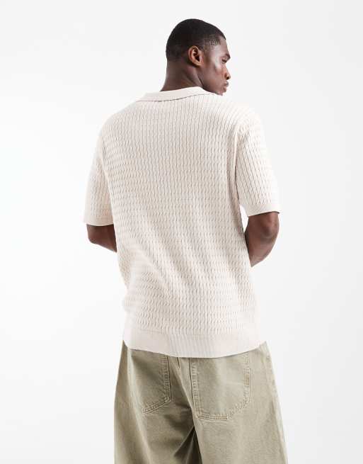 CAPO cable twist open collar polo shirt in stone, 3 of 5