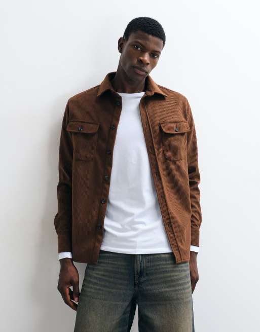 CAPO corduroy long sleeve overshirt in brown, 3 of 5