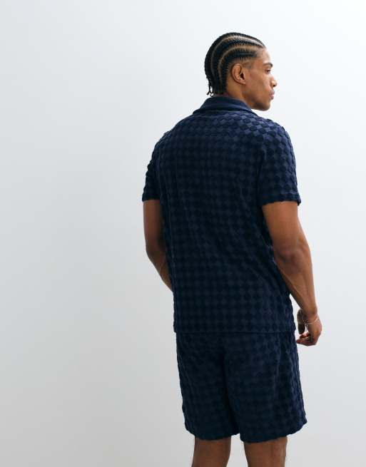 CAPO diamond towelling revere polo shorts in navy (part of a set), 5 of 5
