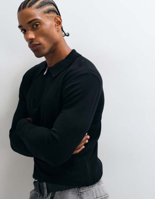 CAPO egyptian 100% cotton quarter zip polo in black, 2 of 5