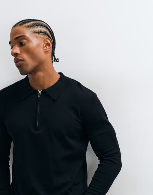 CAPO egyptian 100% cotton quarter zip polo in black, 4 of 5