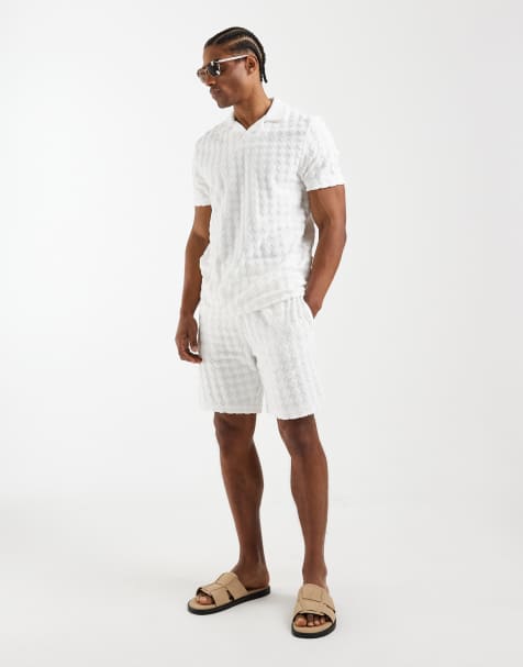 CAPO – Frottee-Set in Weiß mit Shorts und Polohemd mit Reverskragen und Rautenstruktur - view 1