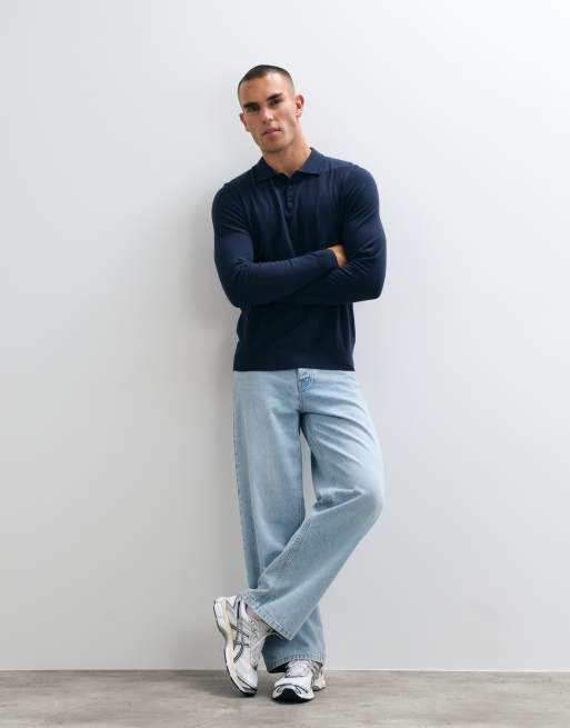 CAPO james långärmad stickad polo i regular fit i navy, 2 av 5