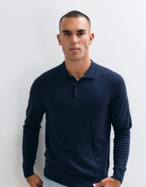 CAPO james long sleeve knit regular fit polo top in navy, 5 of 5