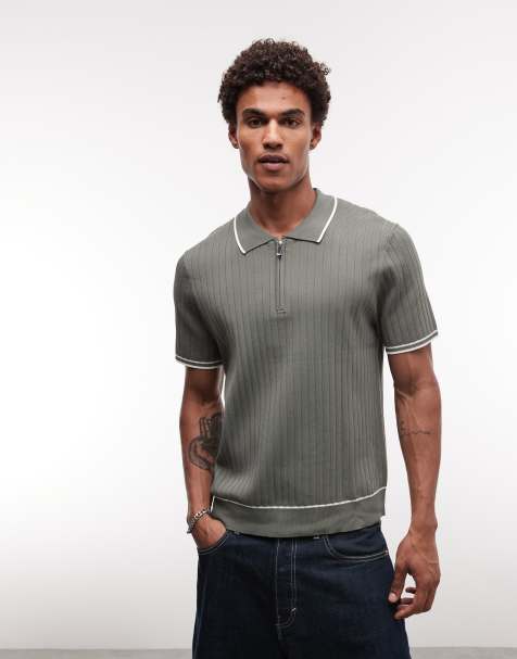 CAPO knitted contrast zip up polo in olive - view 1