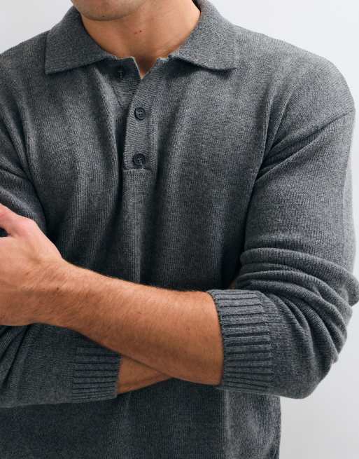 CAPO long sleeve polo shirt in charcoal, 3 of 5