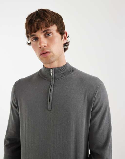 CAPO - Maglione in cotone egiziano color antracite con zip corta