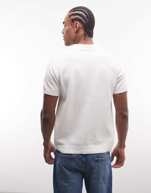 CAPO micro square zip collar polo shirt in off white, 4 of 5