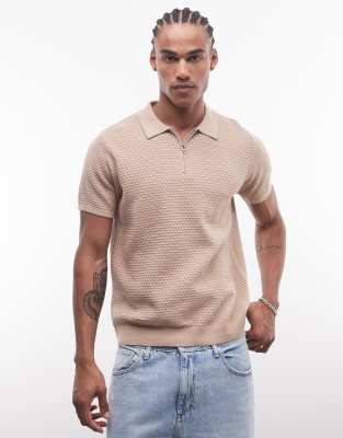 Capo Micro Square Zip Collar Polo Shirt In Brown