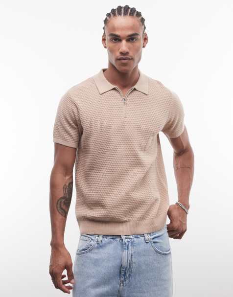 CAPO micro square zip collar polo shirt in taupe - view 1