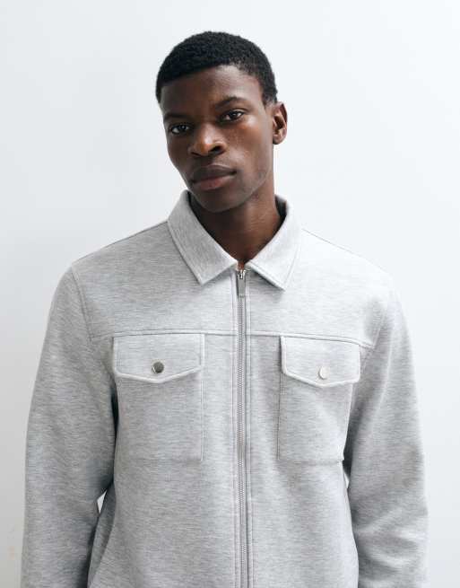 CAPO nick zip through pocket interlock brushed overshirt in grey, 4 of 5