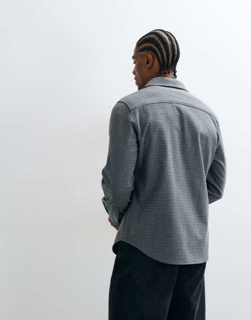 CAPO ollie herringbone check long sleeve regular fit overshirt in grey, 4 of 5