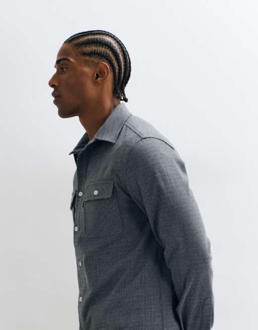 CAPO ollie herringbone check long sleeve regular fit overshirt in grey, 5 of 5