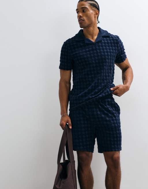 CAPO - Pantaloncini polo con rever in spugna blu navy a rombi in coordinato, 2 di 5