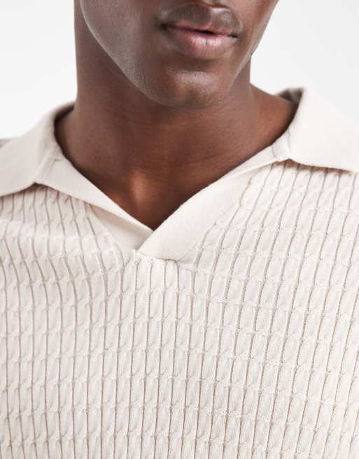 CAPO - Polo a trecce con colletto aperto color pietra, 4 di 5