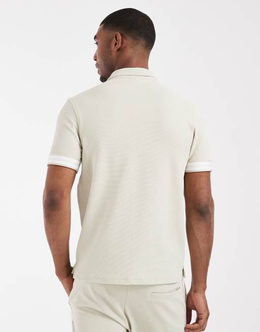 CAPO - Poloshirt met textuur, bies en rits en kraagje in lichtbeige, deel van co-ord set, 5 van 5