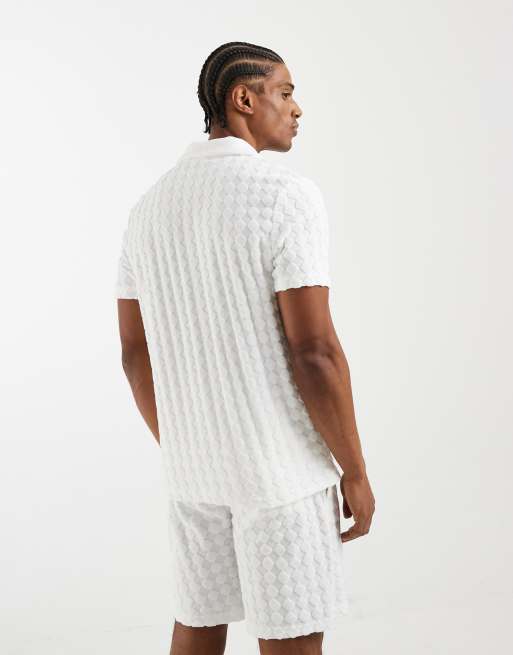 CAPO - Poloshirt van badstof met reverskraag en diamantstructuur in wit, deel van co-ord set, 4 van 5