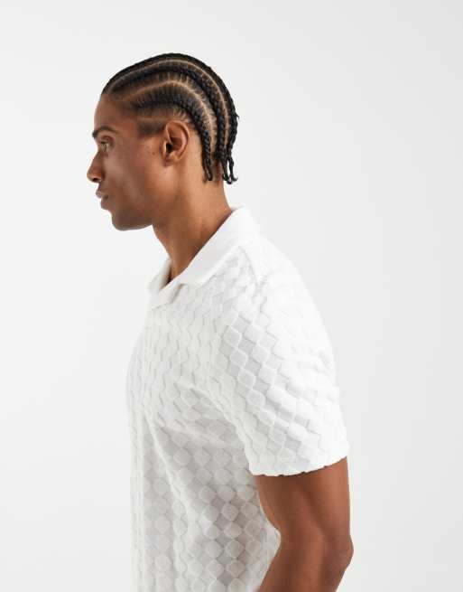 CAPO - Poloshirt van badstof met reverskraag en diamantstructuur in wit, deel van co-ord set, 5 van 5