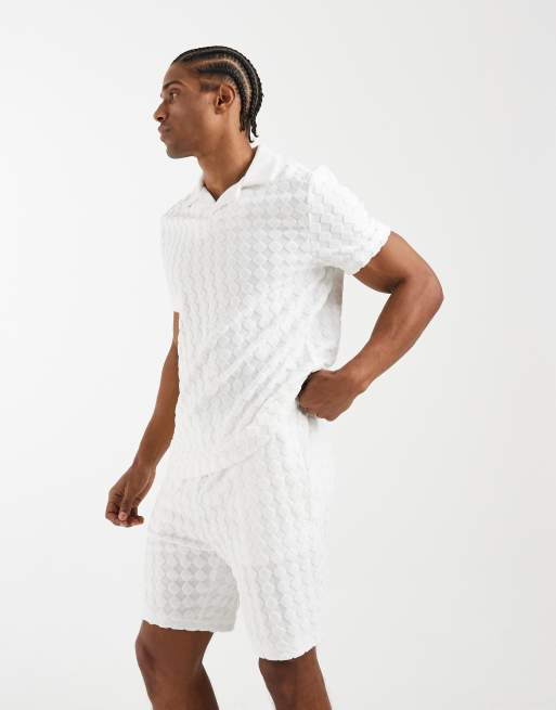 CAPO - Poloshirt van badstof met reverskraag en ruitstructuur in wit, deel van co-ord set, 5 van 5