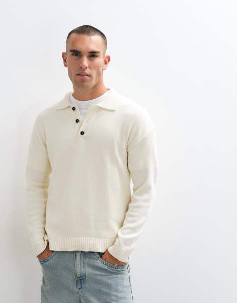 CAPO premium knitted long sleeve polo shirt in cream - view 1