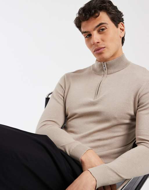 CAPO – Pullover aus ägyptischer Baumwolle in Hellbeige mit kurzem Reißverschluss, 4 von 5