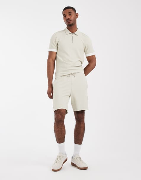 CAPO textured tape shorts co-ord in light beige - view 1