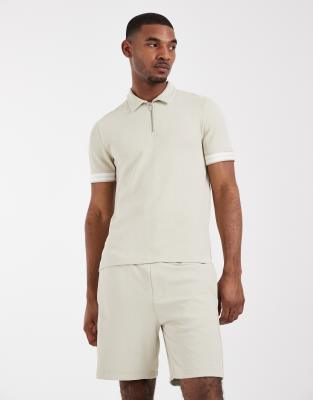 Capo Textured Tape Zip Collar Polo Shirt Co-ord In Neutral