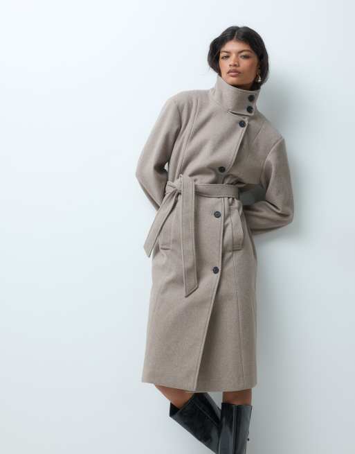 Cappotto lungo con cintura e collo a imbuto in beige, 3 di 5