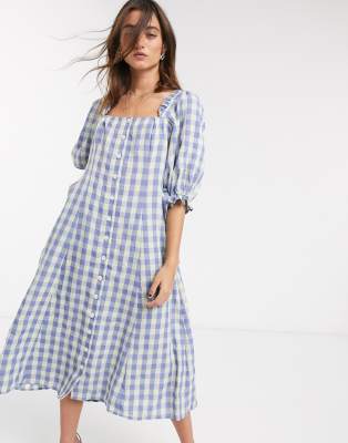 Capulet haddie check square neck midi dress in neptune gingham-Blue