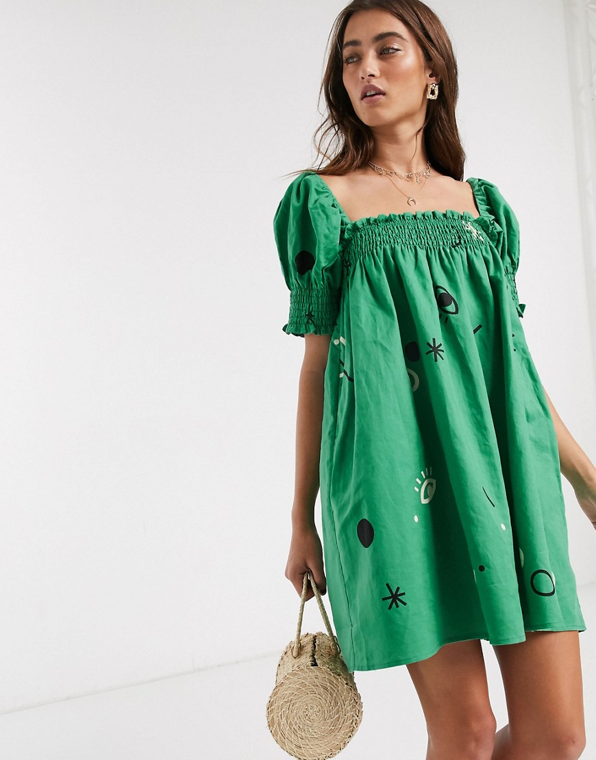 Capulet juliette square neck mini dress in carnivale print-Green
