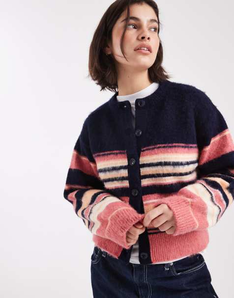 Cárdigan a rayas azul marino holgado con cuello redondo de tejido cepillado de ASOS DESIGN - view 1