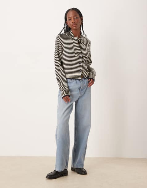 Cárdigan a rayas azul marino y amarillo crema con detalle de lazada de Neon Rose - view 1