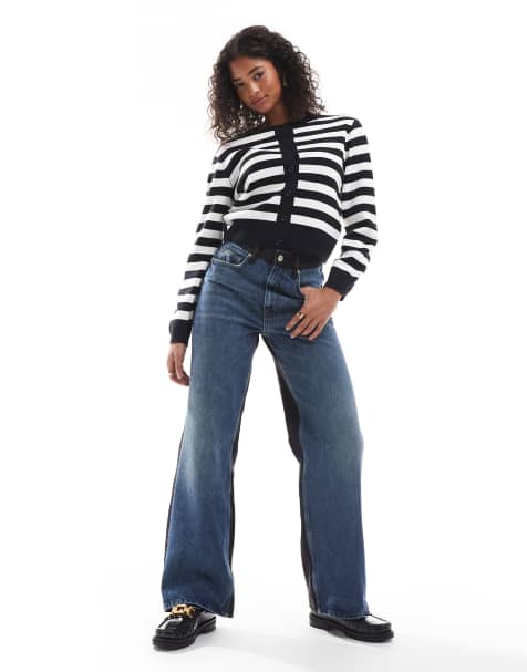 Cárdigan a rayas blancas y negras con cuello redondo de punto de ASOS DESIGN - view 1