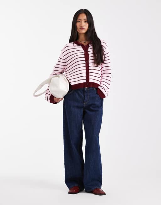 Cárdigan a rayas burdeos y rosa pastel de punto de Miss Selfridge, 4 de 4
