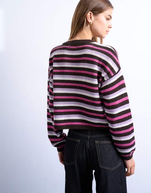 Cárdigan a rayas rosas de corte cuadrado de punto de Topshop, 3 de 4