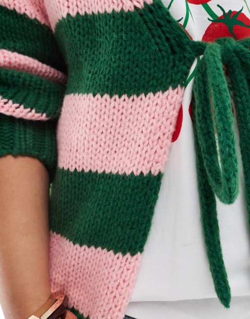 Cárdigan a rayas rosas y verdes con lazada delantera de punto exclusivo de Renee Studio Plus  , 3 de 4