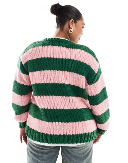 Cárdigan a rayas rosas y verdes con lazada delantera de punto exclusivo de Renee Studio Plus  , 4 de 4