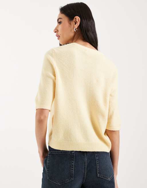 Cárdigan amarillo dorado de manga corta con cuello redondo de punto de Vero Moda, 2 de 4